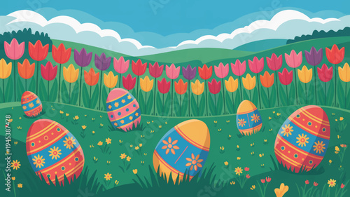 Colorful easter eggs in a vibrant tulip field on a sunny day with rolling hills