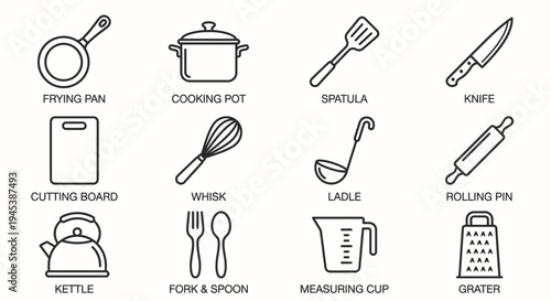Minimalist kitchen utensils line art icon set featuring frying pan, cooking pot, chef knife, spatula, whisk, ladle, cutting board, rolling pin, and kettle. Clean monoline outline vector design