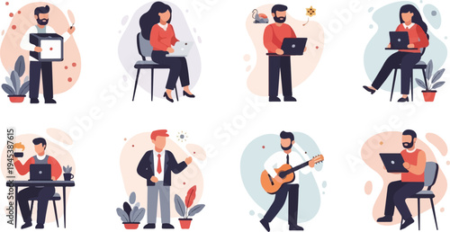 Diverse people engaged in various activities working, relaxing, and playing music