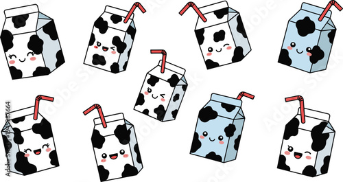 Cute kawaii milk carton characters with cow pattern and straw, funny dairy drink packaging cartoon set, adorable hand drawn food illustration collection