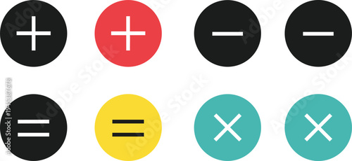 Mathematical operation icons with plus minus equal and multiply symbols in circular buttons, colorful calculator interface elements for math education and UI design