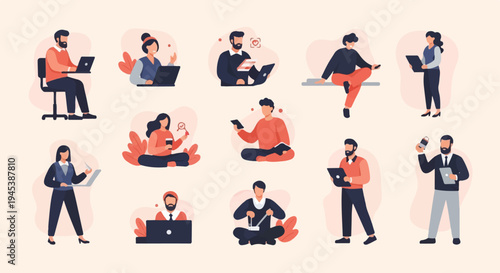 Diverse people using laptops and phones in various work and leisure postures