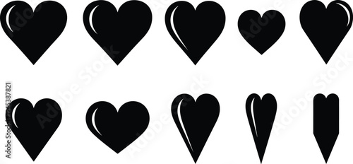 Black heart shape icon collection in different styles for love symbols, romantic graphics, Valentine design elements, social media reactions, and decorative vector icons