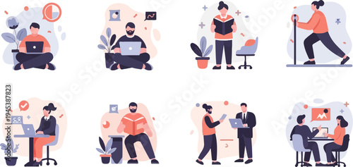 Diverse individuals engaged in work, reading, and exercise activities