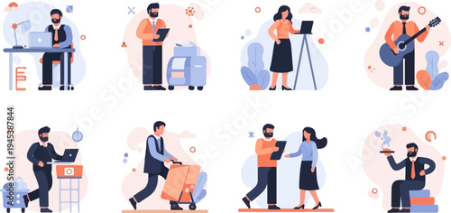 Diverse individuals engaged in various tasks, from office work to performance and service