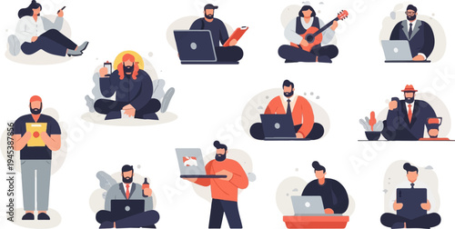 Diverse people using technology and engaging in leisure activities, working remotely