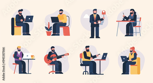 Diverse individuals engaged in various remote work, hobbies, and leisure activities