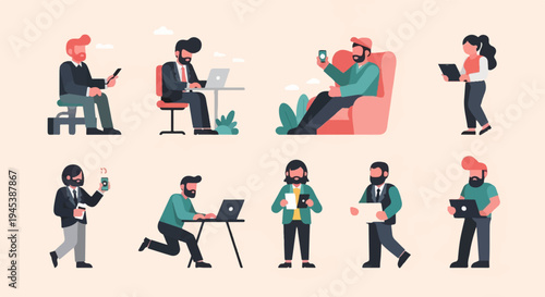 Diverse people engage with technology in various casual and professional settings