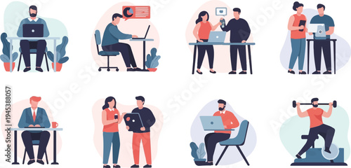 Diverse individuals engaged in work and fitness activities in a modern flat design