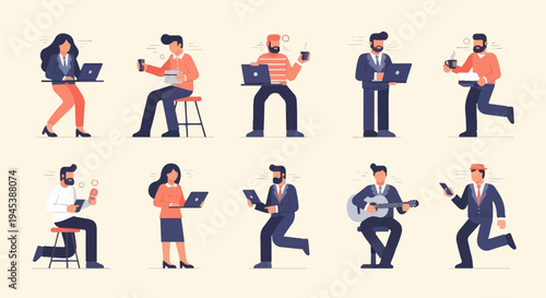 Diverse people engaged in various work, leisure, and musical activities with devices