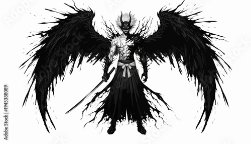 a black and white illustration of a demon with wings.