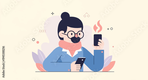 Person with glasses and scarf on phone, abstract background