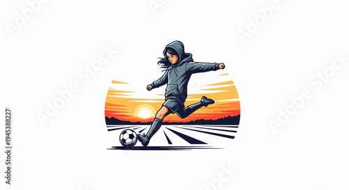 Person in hoodie kicks soccer ball at sunset