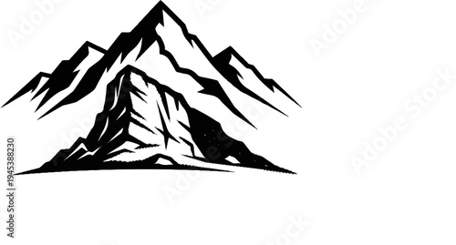 Jagged black peaks of a mountain range rise against a white background
