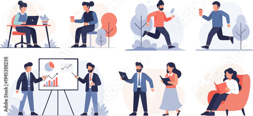 Diverse professionals engaged in various workplace activities and leisure