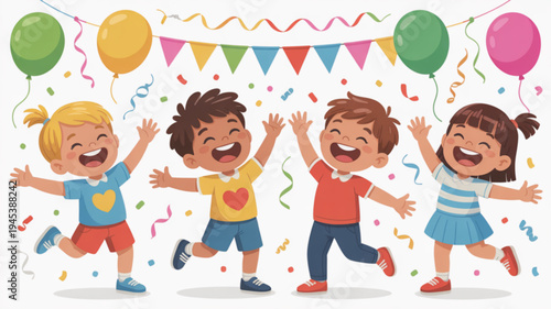 Happy children celebrating with balloons and confetti at a festive party with friends