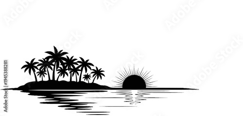 Silhouette of a tropical island with palm trees at sunset reflected in water