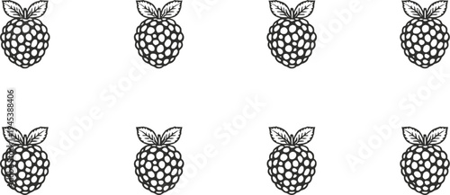 Raspberry Pattern Vector Illustration with Detailed Fruit Texture and Leaves Black and White Line Drawing for Food Design