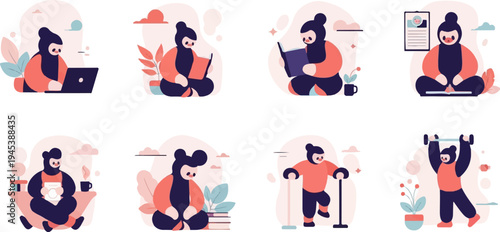Diverse daily activities and self-improvement illustrated in a flat design style