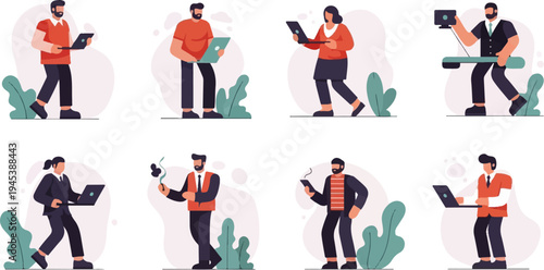 Diverse individuals engage with technology amidst abstract shapes and foliage