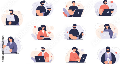 Diverse individuals working on laptops and phones, some with drinks