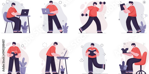 Diverse male activities work, exercise, study, relaxation