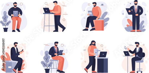 Diverse individuals engaged in various modern office and remote work activities