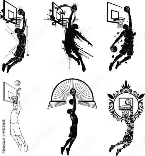 Basketball silhouettes of athletes slam dunking, jumping, artistic styles, dynamic court sport vector design illustration