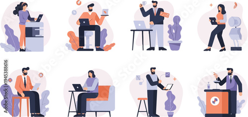 Diverse office workers engaged in various tasks with technology and plants