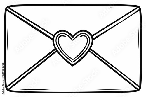 Black and white illustration of an envelope with a heart shape on the flap