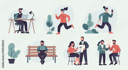 Diverse people engage in various activities, from work to leisure and fitness