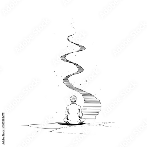 Man Sitting on Floor Looking at Spiral Staircase Drawing