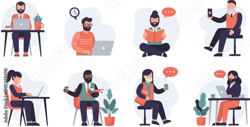 Diverse individuals engaged in various activities like working, reading, and socializing