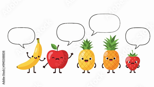 Five cartoon fruits with faces and speech bubbles, isolated on white background