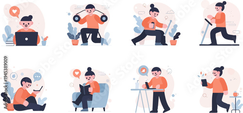 Flat illustrations of people engaged in various daily activities, like working and exercising