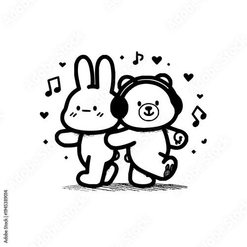 Cute Bunny and Bear Dancing with Headphones and Music Notes