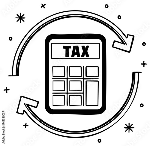Calculator with TAX label and circular arrows icon representing tax calculation and payment process