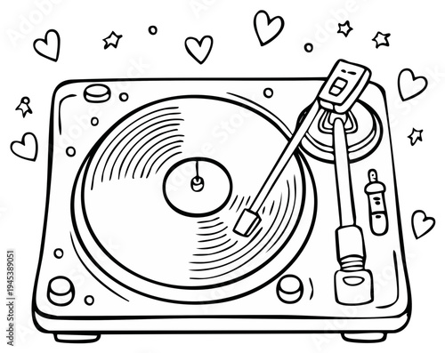 Hand-Drawn Vinyl Record Player surrounded by hearts and stars isolated on white background, minimalist drawing music