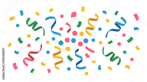 Colorful confetti and ribbons falling on white background festive celebration decoration