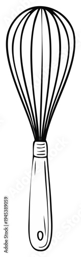 Simple line drawing of a kitchen whisk with a looped handle perfect for baking preparation