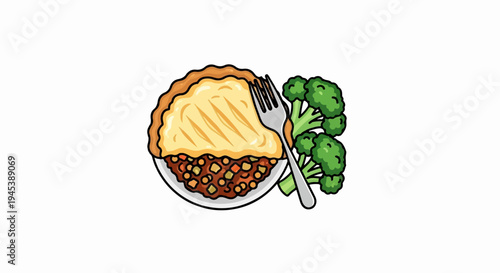 Hearty pie with mashed potato topping, served with broccoli and a fork