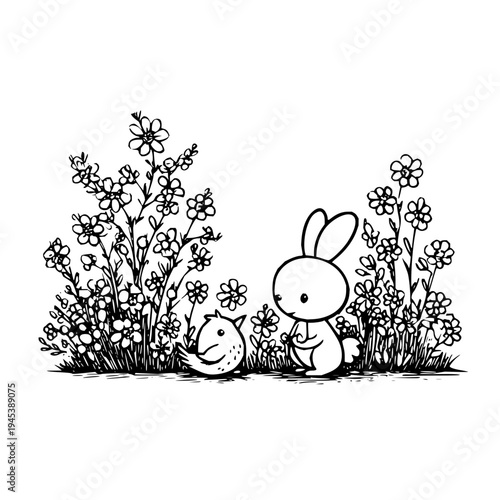 Rabbit and Bird in Flower Garden