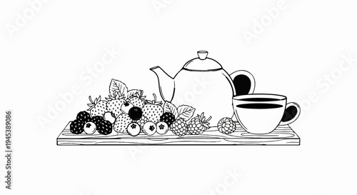 Black and white sketch of a tea set and assorted berries on a wooden surface