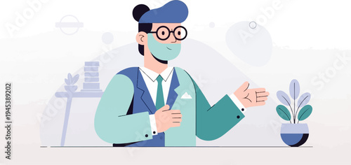 Professional in mask gestures welcomingly beside potted plant and desk