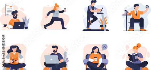 Flat illustrations of people working, exercising, and relaxing with devices