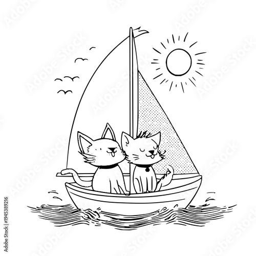 Two Cats Sailing on Boat under Sunny Sky