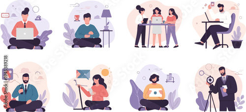 Diverse individuals engaged in remote work, communication, and creative pursuits