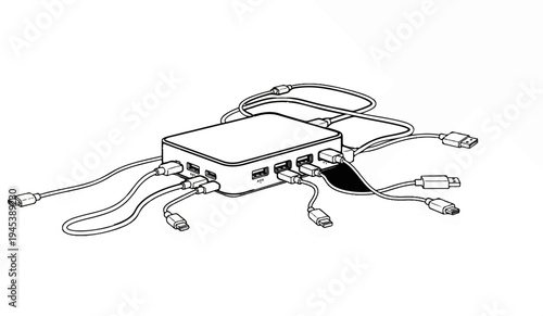 A white line drawing shows a multi-port hub with numerous attached cables and connectors