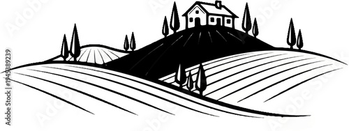 Rustic dwelling atop a sun-drenched hill amid rolling fields and cypress trees