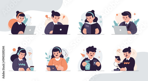 Diverse individuals engaged in digital activities, reading, and daily tasks